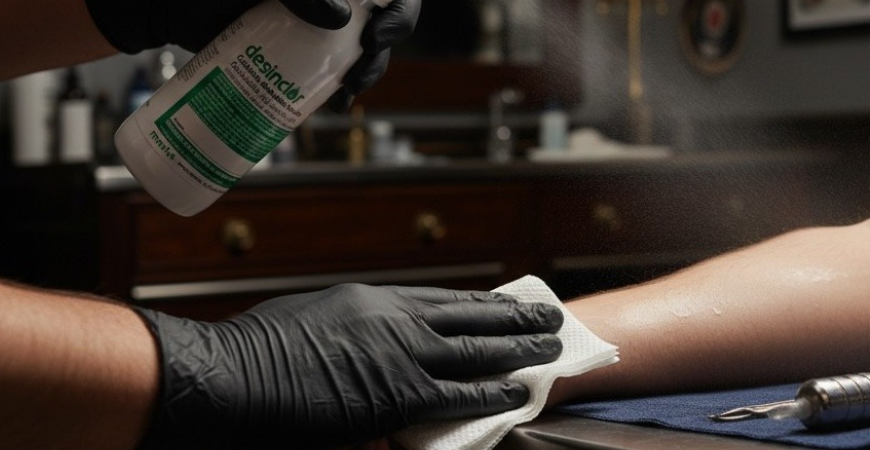 Desinfección antes, durante y después del proceso del tatuaje.